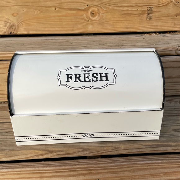 Other - Farmhouse White Metal Bread Box with 'Fresh' Label